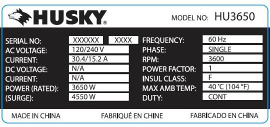 Example of Recalled Husky Generator Label
