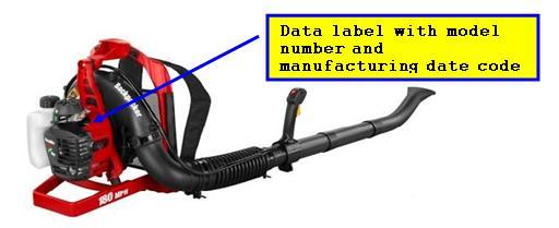 Recalled Homelite Backpack Blower, showing data label with model number and manufacturing date code