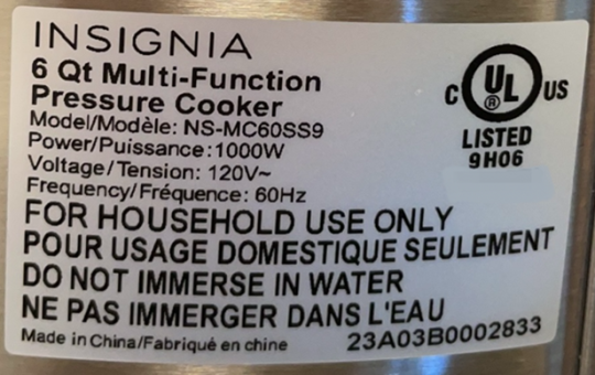 Example of on-Product Label for Recalled Insignia Multi-Function Pressure Cooker