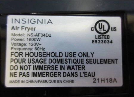 Product rating label on the underside of the unit showing INSIGNIA brand and the model number