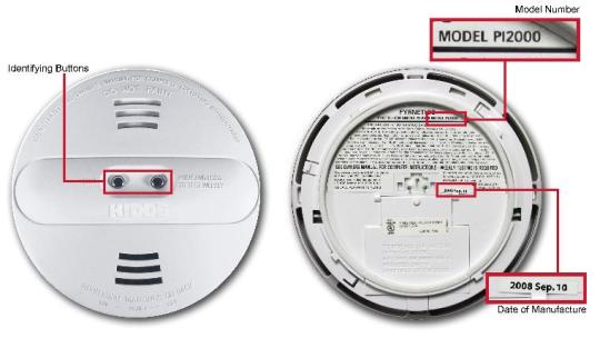 Recalled Smoke Alarm with location of model number and date of manufacture