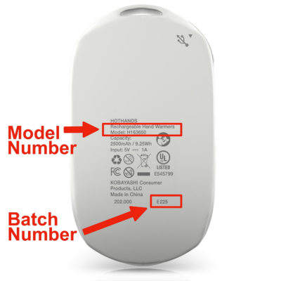 Model number “H163650” and the batch number are printed on the underside of the recalled HotHands rechargeable hand warmers. 