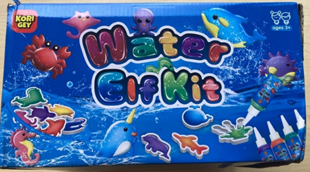 “Kori Gey” and “Water Elf Kit” are printed on the front of the outer packaging of the recalled toy kits