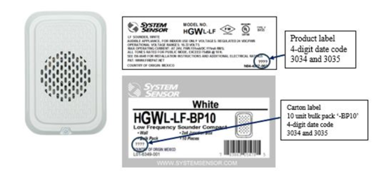 Recalled System Sensor L-Series Low Frequency Fire Alarm Sounder Model HGWL-LF-BP10 (White) showing product label and carton label