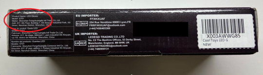Recalled LED Gloves, Model ST01 – Bottom of Package