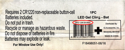 Model number 234-25-0904 is located on the back of the gel cling’s package.