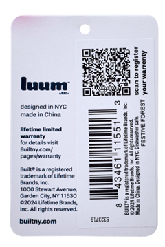 “lumm,” the tumbler’s theme name, item number and UPC code are printed on a label located on the tumblers’ underside or hangtag