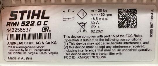 Label of Recalled STIHL iMOW Model RMI 522 showing serial number