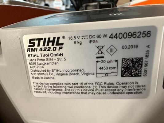 Label showing serial number of Recalled STIHL iMOW Model RMI 422