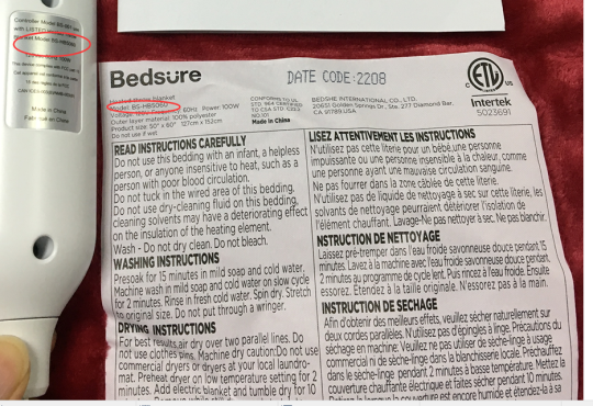 Labels on back of recalled blankets and heating pads and controller