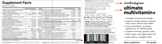 Label on Mindbodygreen Ultimate Multivitamin+ Dietary Supplement Bottles