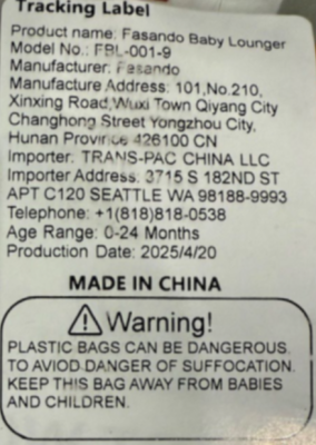 Manufacturing Information Label on Violative Fasando Baby Lounger Packaging