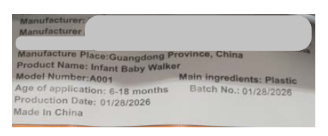 “Model Number: A001” and “Infant Baby Walker” are printed on a label on the seat’s underside.