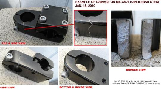 Example of damage on MX-C427 handlebar stem - Jan. 15, 2010