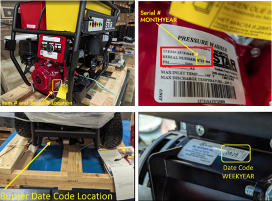 NorthStar Gas Wet Steam and Hot Water Pressure Washer (Item #157310) - Serial number location on engine and burner date code location under battery box