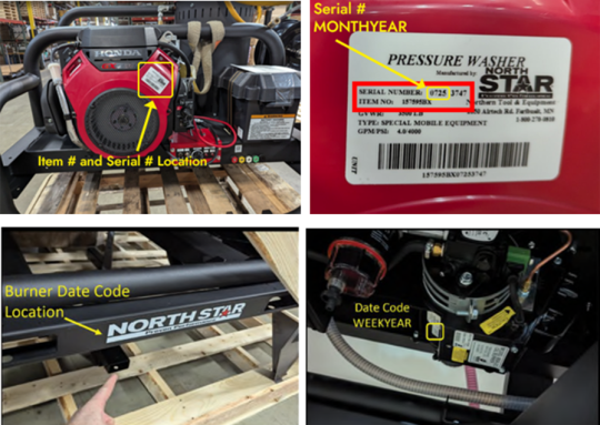 NorthStar Trailer-Mounted Hot Water Commercial Pressure Washer (Item #157595) - Serial number location on engine and burner date code location under NorthStar logo