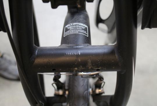 Location of serial number near to where the kickstand attaches to the frame on recalled elliptical cycle