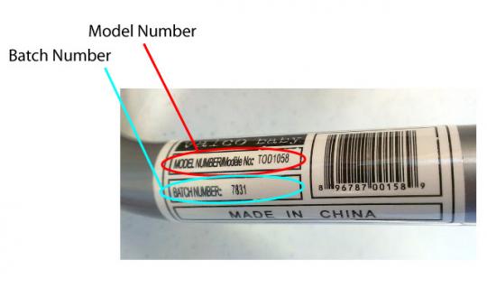 Detail of recalled booster seat frame showing location of model number and batch number