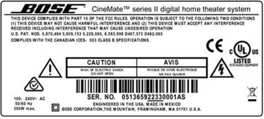 Picture of recalled Bose CineMate serial number location
