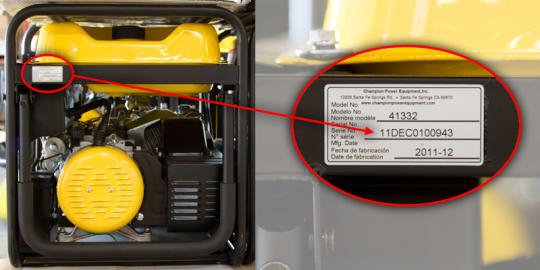 Detail of recalled generator showing location of the model number and serial number