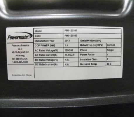 Powermate information plate on rear of generator