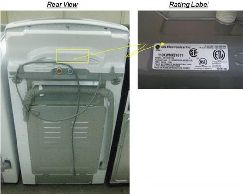 Recalled washer rear view with detail of rating label location