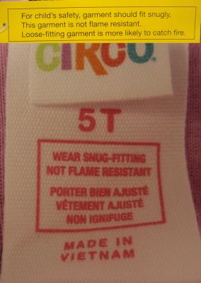 Label and tag on recalled  Target children’s two-piece pajama sets