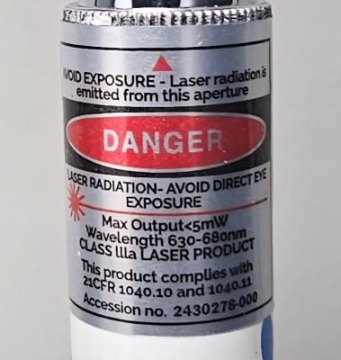 “Danger” and “Accession No. 2430278-000” are printed on a silver label located on the laser pointer tube