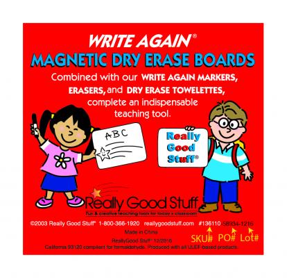 Write Again dry erase board label with SKU and lot numbers