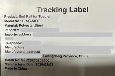 “Bed Rail for Toddler” and “Model No.: BR-G-SKY” are printed on a label stitched to the bed rails.