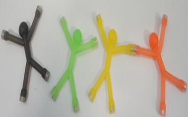 Each stick figure in the TOP MAGNETS Magnetic Men stick figures toy set has four small magnets, one in each hand and foot