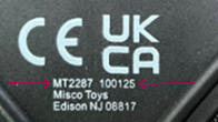 Close up of model number “MT2287” and “100125” on racket handle