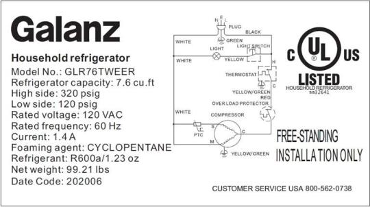 Model numbers BCD-215V-62H, GLR76TRDER, GLR76TBKER, GLR76TBEER or GLR76TWEER followed by the date code, in YYYYMM format, are printed on label on the back of the Galanz refrigerators. Only refrigerators with date codes ranging from December 2018 through December 2020 are included in this recall.