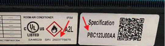 Model PBC123J00AA label example
