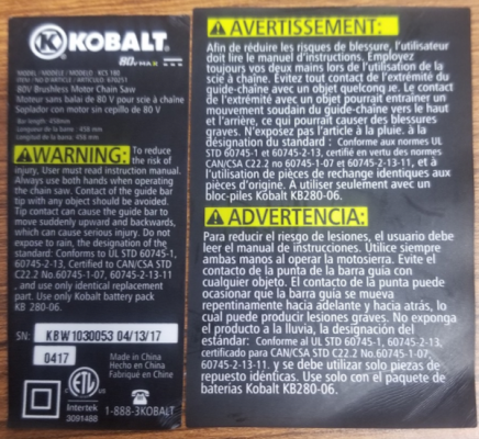 Kobalt 80-volt chainsaw label