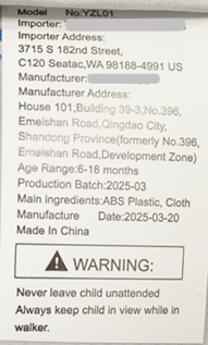 “Model No: YZL01” on Tracking Label under the seat