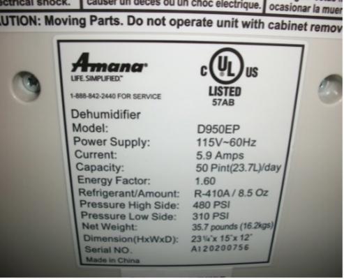 Example Rating Sticker located on rear of recalled dehumidifiers