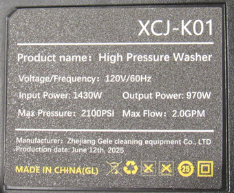 Model number XCJ-K01 is printed on a label on the back of the recalled Sweetcrispy pressure washers.