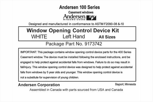 Recalled window opening control device kit (packaging)
