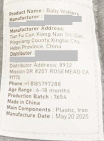 “Production Batch: 7654” on Tracking Label under the seat