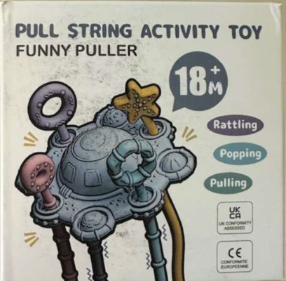 “Pull String Activity Toy” is printed on the front of the Etetoo pull string toy’s packaging  