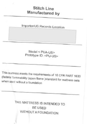 “Prototype ID: <PU-US>” is printed on a sewn-in white label on one side of the recalled Kesyup mattress.