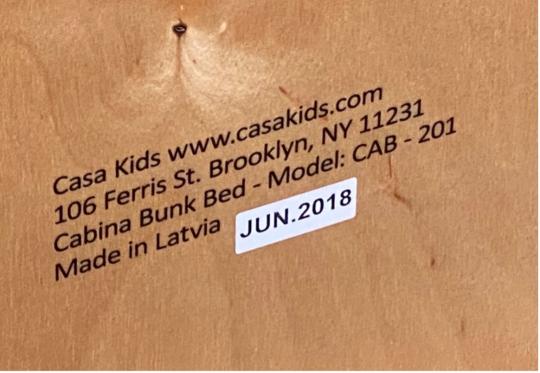 Label of Recalled Casa Kids Cabina Bunk Bed - June 2018