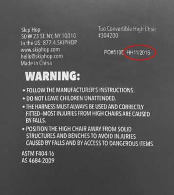 The date codes HH10/2016, HH11/2016, HH3/2017, HH4/2017 can be found on the back of the chair.                           