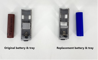 Recalled sprayer battery and tray and replacement battery and tray
