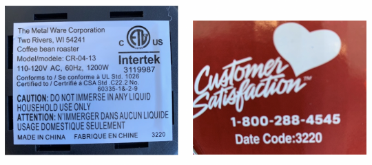 Recalled Coffee Bean Roaster ETL Label and Box Label