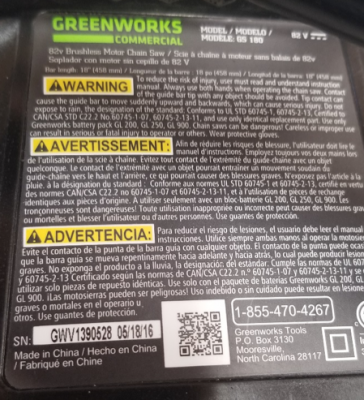 Greenworks Commercial 82-volt chainsaw label