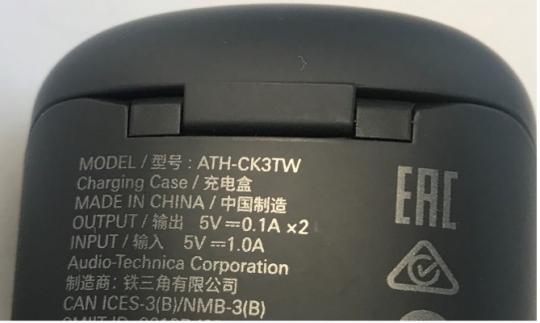 Location of Model Number on rear of recalled Audio-Technica Wireless Headphones (Model ATH-CK3TW) charging case 