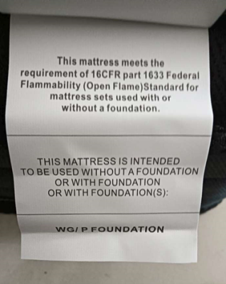 Recalled Crayan Mattress - Label