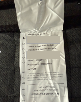 Recalled BedsPick Mattress Label with identifying information 